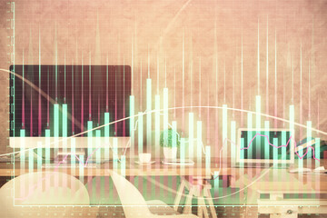 Multi exposure of financial graph drawing and office interior background. Concept of market analysis.