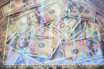 Multi exposure of forex chart drawing over us dollars bill background. Concept of financial success markets.