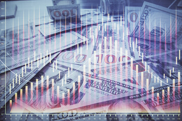 Multi exposure of forex chart drawing over us dollars bill background. Concept of financial success markets.