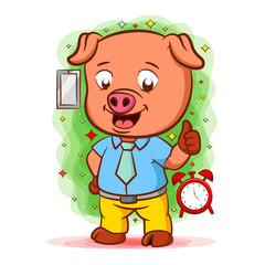 The orange pig standing with the good shirt near the clock