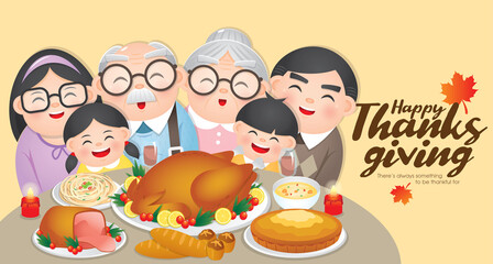 Obraz na płótnie Canvas Thanksgiving & Christmas dinner Banner illustration with happy family reunion to celebrating Thanksgiving day and enjoy the turkey and other delicious meal.