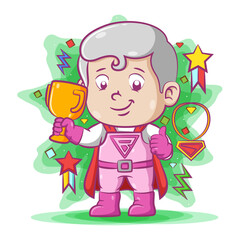 The best super grandfather holding his golden trophy with the purple costume