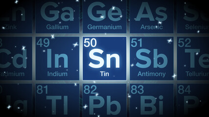 Close up of the Tin symbol in the periodic table, tech space environment.