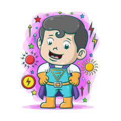 The super boy standing and smiling with the good costume around the art of the sun