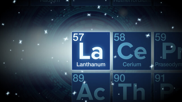Close up of the Lanthanum symbol in the periodic table, tech space environment.