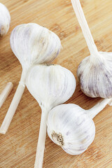 white garlic strongly smelling vegetable autumn placer on a wooden background