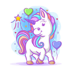 The unicorn with the rainbow hair standing near the love balloons