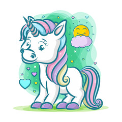 The little unicorn with the rainbow hair with grey horn with the green background