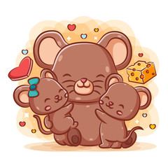 Fototapeta premium The cute mother mice hug her baby mice near the cheese