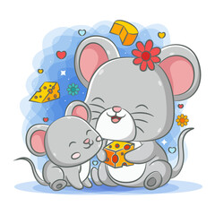 The grey mother mouse giving the cheese to her baby mouse