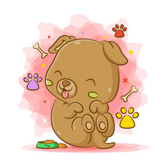 Dog sitting to eat his food in the green bowl