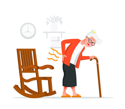 ache, adult, age, back, back pain, backache, bad, body, cartoon, character, disease, elder, elderly, flat, grandmother, health, healthy, holding, human, hurt, illness, illustration, injury, low, lumba