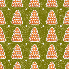  Christmas watercolor hand-drawn pattern with gingerbread tree on a green textured background. 