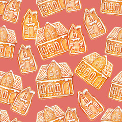 Christmas watercolor seamless with gingerbread houses on a soft pink background. 