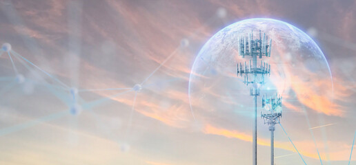 digital marketing concept, business with interface of communication wireframe of cloud technology to connect data in world network by using 5g . futuristic technology connect communication network