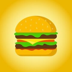 Delicious hamburger. Vector flat design burger icon . Colour and delicious burger isoloated on yellow gradient background.