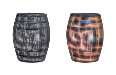 two gray and brown oak barrels on a white isolated background