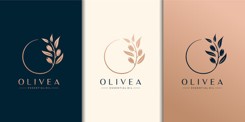 Fototapeta na wymiar Olive and essential oil logo design template.logo suitable for spa salon, skin hair, beauty, boutique and cosmetic. Premium Vector
