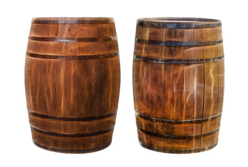 two dark brown oak barrels for storing and transporting alcohol on a white background