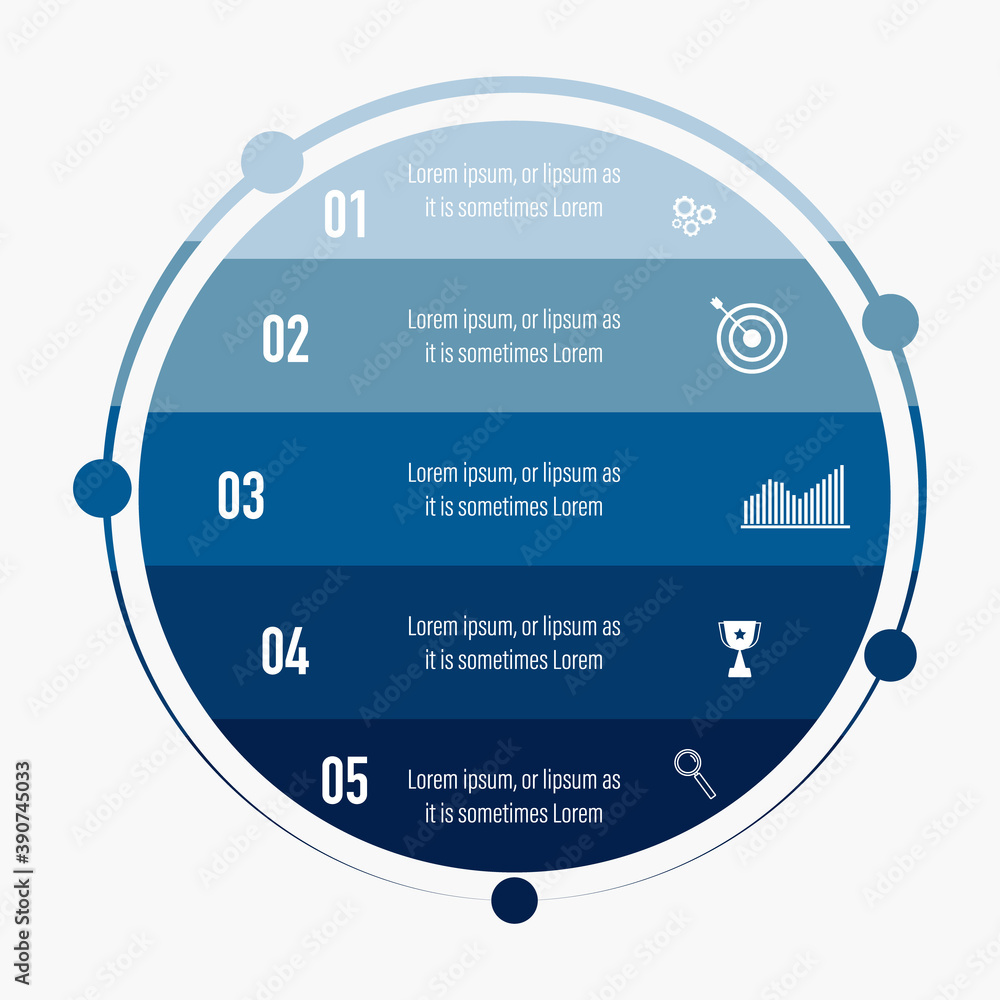Aufkleber modern blue infographics design with 5 options in circle shape with business icons and text box, pre