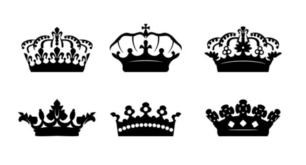 Set Black vector king crown and icon. Vector Illustration.