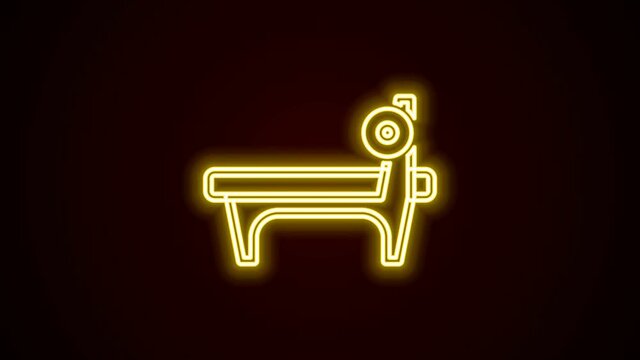 Glowing neon line Bench with barbel icon isolated on black background. Gym equipment. Bodybuilding, powerlifting, fitness concept. 4K Video motion graphic animation