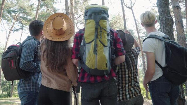 Back view of young tourists with rucksacks waving and making photos of wild nature in summer forest. Confident positive Caucasian men and women hiking outdoors. Lifestyle and travelling concept.