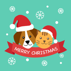 Dog and cat wearing Santa hat with snowflakes on background. Merry Christmas concept vector illustration. Holiday season.