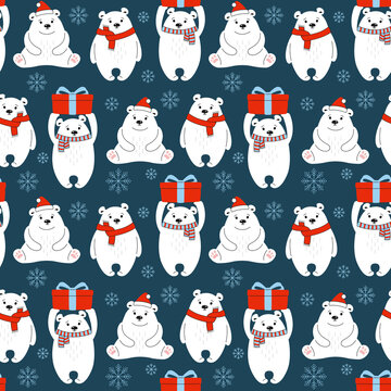 Christmas seamless pattern polar bear. Cartoon cute bears with red hat, gift. Textile graphics, New Year animal mammals teddy, wrapping paper. Funny animals winter celebrate dark vector background