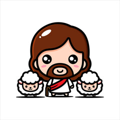jesus character vector design of shepherding cute sheep