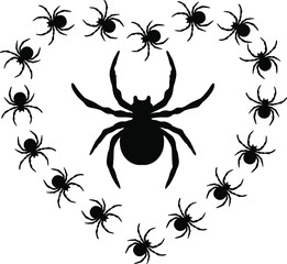 Black spiders in the shape of heart. Black heart pattern. Vector illustration. Use for printing, posters, T-shirts, textile drawing, print pattern. Other spiders patterns in my collections.