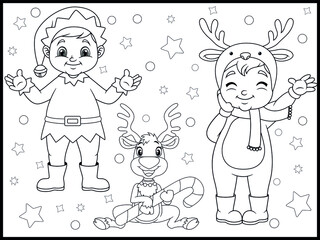 Fototapeta na wymiar Coloring book page with animals for Christmas - Coloring page- Black and White Cartoon Illustration.