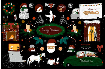 
Vintage Christmas. Vector New Year collection of Christmas elements for printing, cards, design, packaging, background.