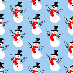 Snowman in hat and scarf vector seamless pattern