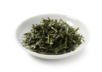 Chopped seaweed on a white background