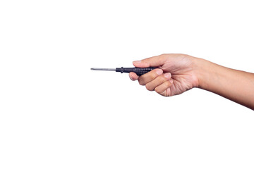Hand holding Cross screwdriver with black handle isolated on white background.