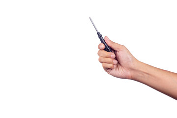 Hand holding Cross screwdriver with black handle isolated on white background.