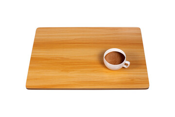 White cup of coffee on wood table isolated on white background.