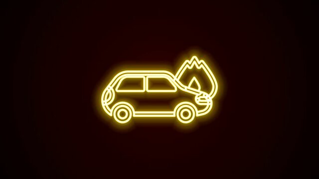Glowing neon line Burning car icon isolated on black background. Car on fire. Broken auto covered with fire and smoke. 4K Video motion graphic animation