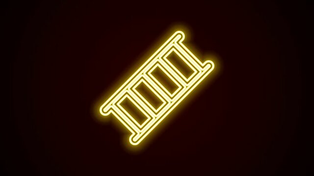 Glowing neon line Fire escape icon isolated on black background. Pompier ladder. Fireman scaling ladder with a pole. 4K Video motion graphic animation