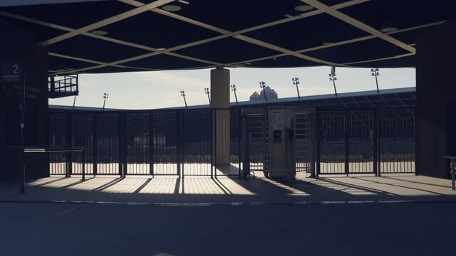 Empty Football stadium entrance in Europe, no people, wide angle.