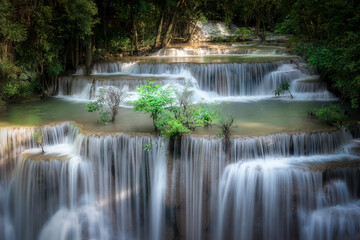 Huai Mae Khamin Waterfall, the most popular attraction at Khuean Srinagarindra National Park in Kanchanaburi Province in Thailand.