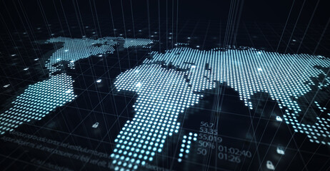 Map of the planet. World map. Global social network. Future. Blue futuristic background with planet Earth. 3d illustration.