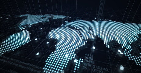 Fototapeta premium Map of the planet. World map. Global social network. Future. Blue futuristic background with planet Earth. 3d illustration.