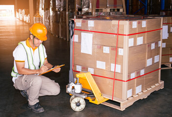 Warehouse worker holding clipboard his doing inventory management cargo shipment pallet. Checking stock, Packaging, Cargo shipment boxes, Warehousing storage. - obrazy, fototapety, plakaty