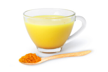 Golden milk ( turmeric latte ) in glass cup isolated on white background. 