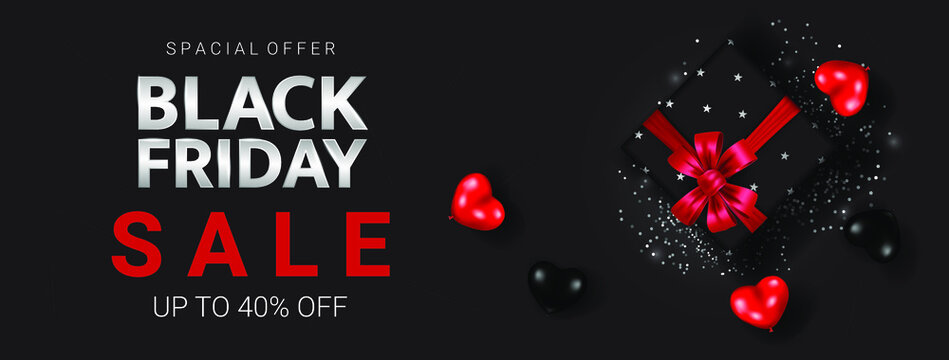 Silver black friday lettering with black gift box among black and red heart on the dark background poster for promotion.
