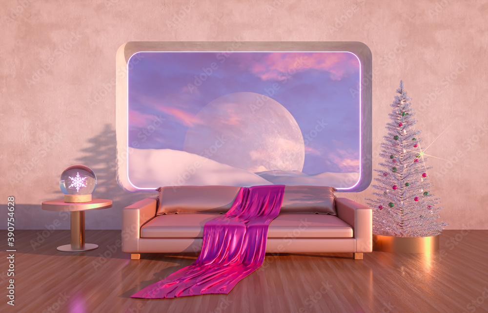 Poster abstract winter christmas scene with geometrical forms in natural day light. 3d render.