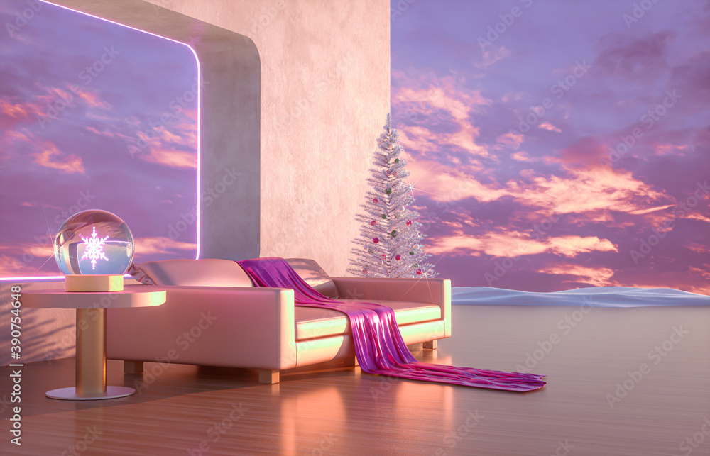Poster abstract winter christmas scene with geometrical forms in natural day light. 3d render.