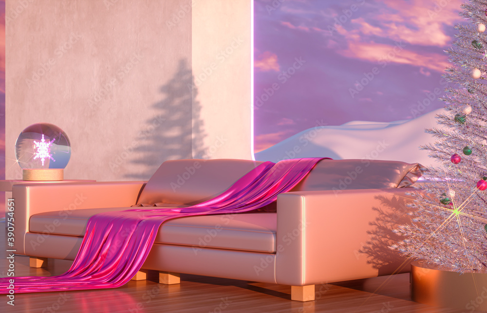 Poster abstract winter christmas scene with geometrical forms in natural day light. 3d render.
